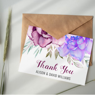 Carte De Remerciements Fleurs d'eau violet et bleu mariage fleuri