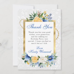 Carte De Remerciements Fleurs d'été bleues et jaunes Anniversaire feuille