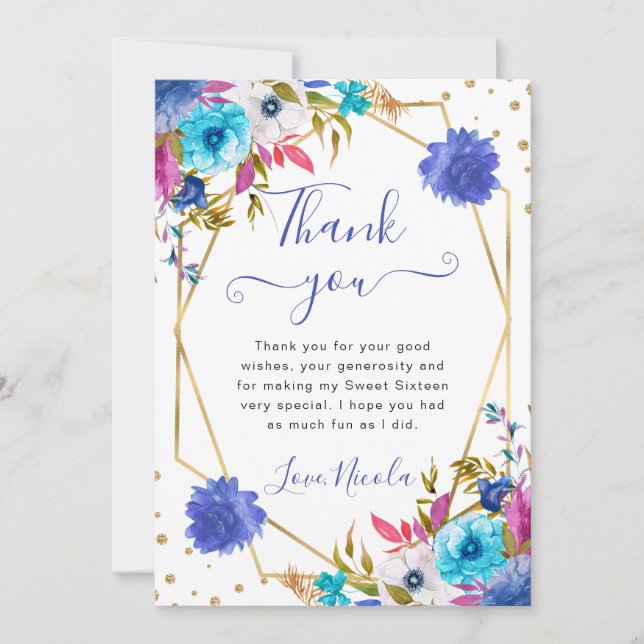 Carte De Remerciements Fleurs d'été roses et bleues Frame Sweet 16 (Devant)