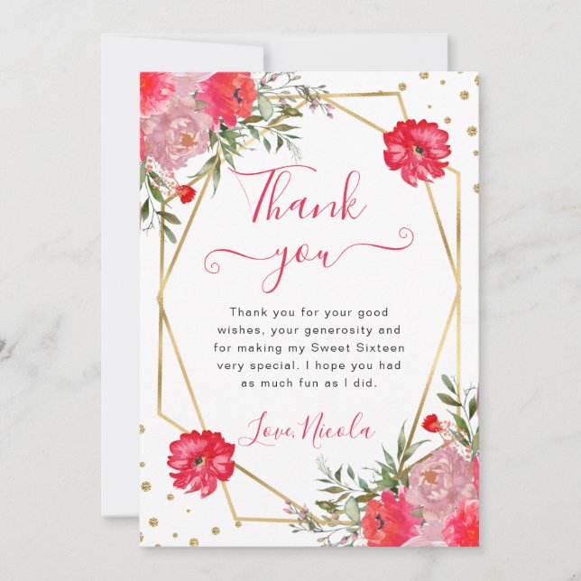 Carte De Remerciements Fleurs d'été roses Frame Sweet 16 (Devant)
