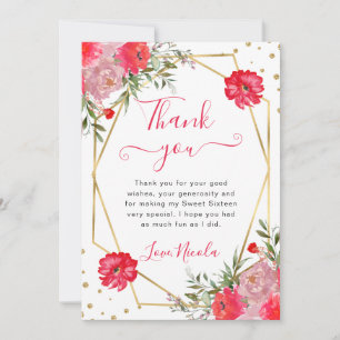 Carte De Remerciements Fleurs d'été roses Frame Sweet 16