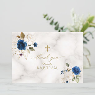 Carte De Remerciements Fleurs d'or Bleu délicat Croix d'or Baptême