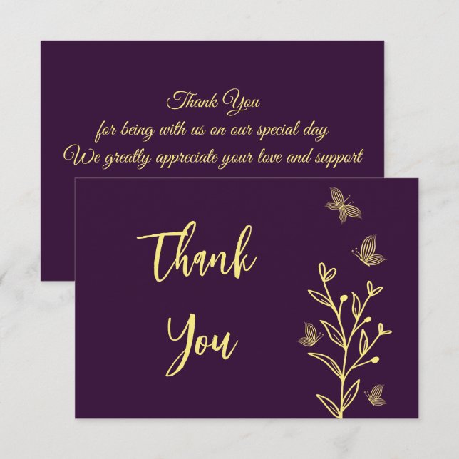 Carte De Remerciements Fleurs d'or simples violet mariage (Devant / Derrière)