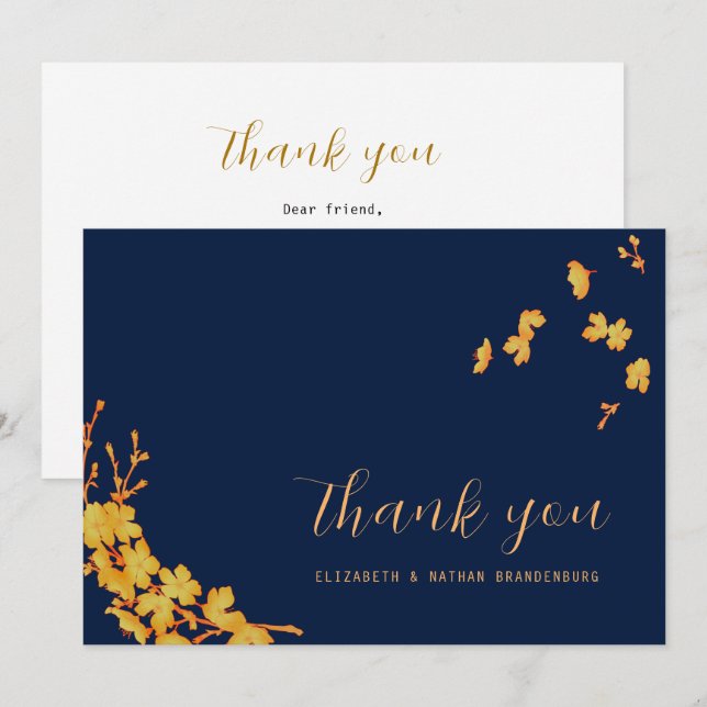 Carte De Remerciements Fleurs dorées simples élégantes bleu marine (Devant / Derrière)