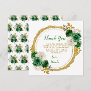 Carte De Remerciements Fleurs élégantes de vert foncé et d'or Fête d'anni