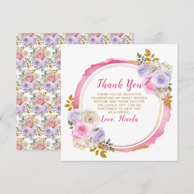 Carte De Remerciements Fleurs élégantes rose et violet Sweet sixteen (Devant / Derrière)