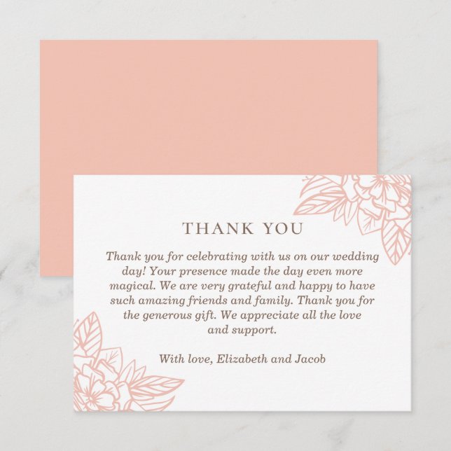 Carte De Remerciements Fleurs élégantes roses. Mariage floral simple et f (Devant / Derrière)