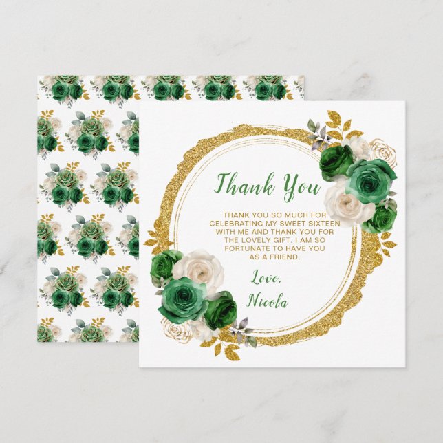 Carte De Remerciements Fleurs élégantes Sweet sixteen vert foncé et or (Devant / Derrière)