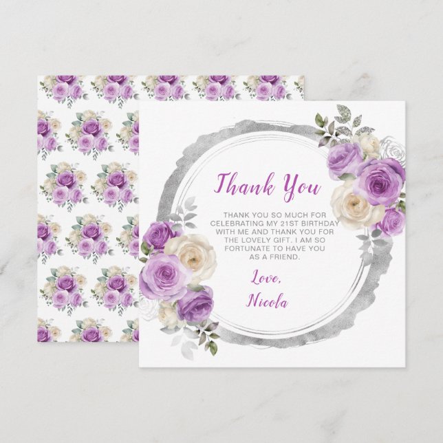 Carte De Remerciements Fleurs élégantes violettes et argentées Anniversai (Devant / Derrière)