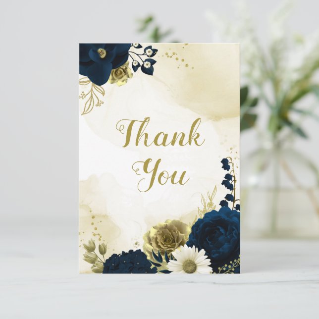 Carte De Remerciements fleurs Extraordinaires en ivoire bleu marine (Debout devant)