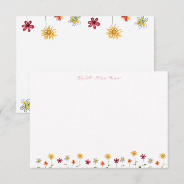 Carte De Remerciements Fleurs fantaisistes modernes rose jaune note fémin (Devant / Derrière)
