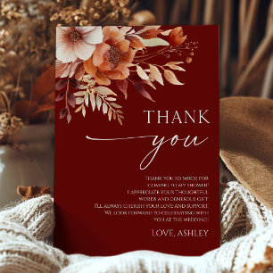 Carte De Remerciements Fleurs Florales Bordeaux Rouillé Mariage