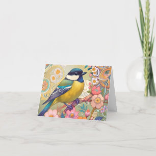 Carte De Remerciements Fleurs florales colorées d'Oiseau de Chickadee Gre