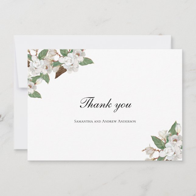 Carte De Remerciements Fleurs florales de Magnolia blanc Mariage de verdu (Devant)