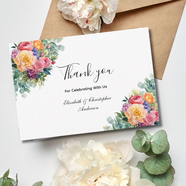 Carte De Remerciements Fleurs florales rose jaune Mariage Eucalyptus (Personalized Pink Yellow Eucalyptus Greenery Wedding Thank you cards)