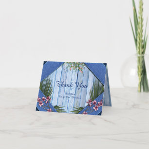 Carte De Remerciements Fleurs graphiques roses sur tissu en bois bleu