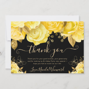 Carte De Remerciements Fleurs jaunes et or aquarelle pour anniversaire