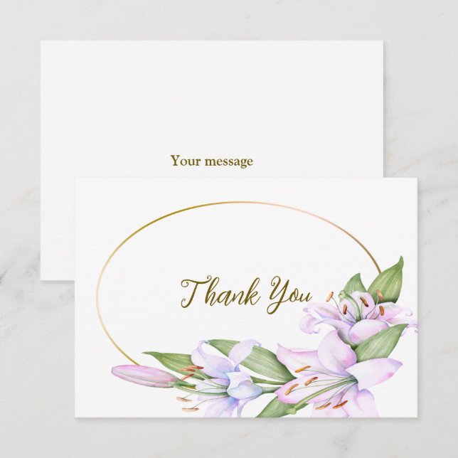 Carte De Remerciements Fleurs Lily rose de fête Cadre doré Belle (Devant / Derrière)