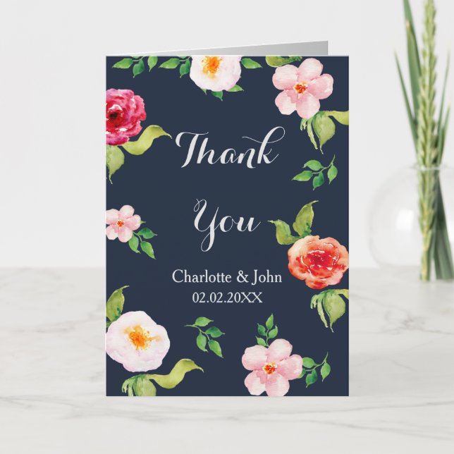 Carte De Remerciements fleurs marine et argent mariage d'aquarelle (Devant)