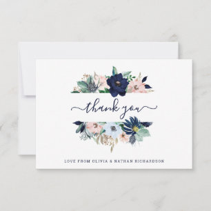 Carte De Remerciements Fleurs marines Mariage bleu et rose pâle de la mar