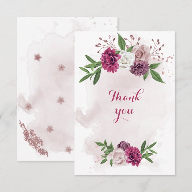 Carte De Remerciements fleurs mauves roses verdure (Devant / Derrière)
