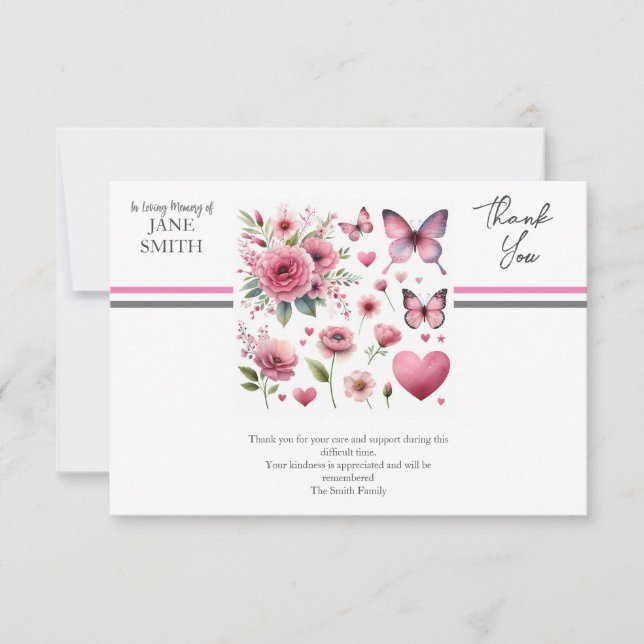 Carte De Remerciements Fleurs modernes et papillons funéraires (Devant)