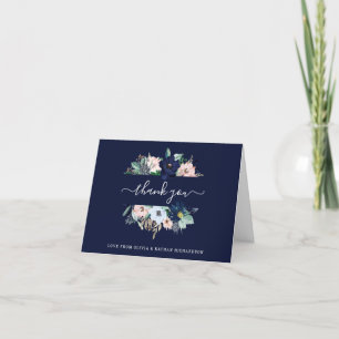 Carte De Remerciements Fleurs nautiques Mariage bleu marine et rose pâle