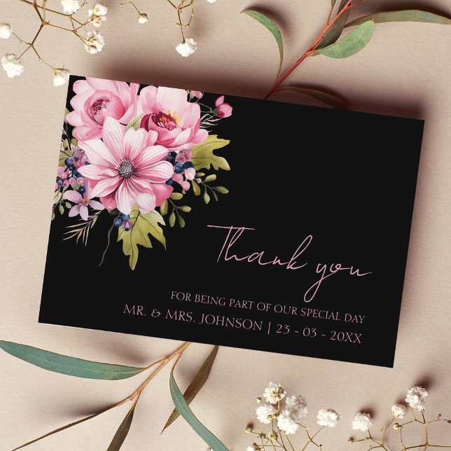 Carte De Remerciements Fleurs Noir Rose Fleurs Sombre Esthétique Mariage (Créateur téléchargé)