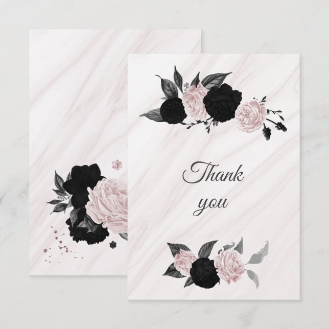 Carte De Remerciements fleurs noires et roses marbre botanique (Devant / Derrière)