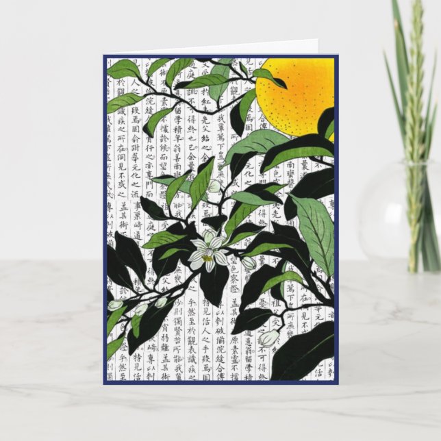 Carte De Remerciements Fleurs orange asiatiques sur Kanji Arrière - plan (Devant)