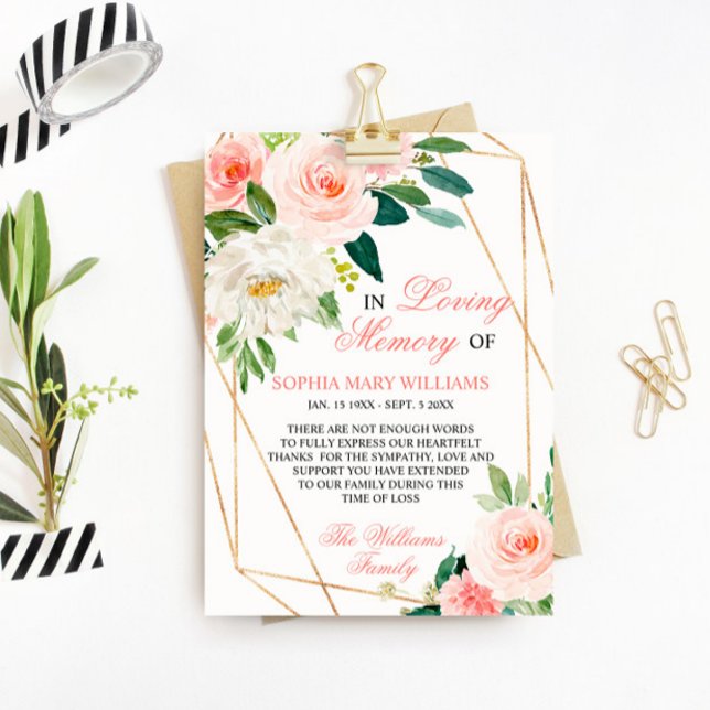 Carte De Remerciements Fleurs rose pâle Mémoire de Sympathie (Créateur téléchargé)