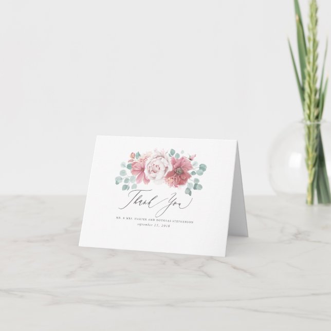 Carte De Remerciements Fleurs Rose Poussiéreuses Élégantes Remerciements (Devant)