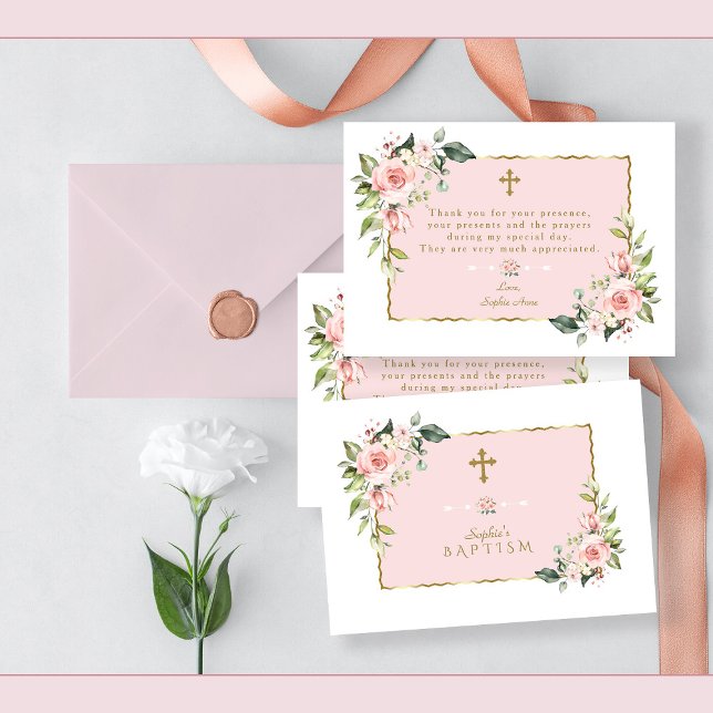 Carte De Remerciements Fleurs Roses Blush Gold Frame Cross Baptême (baptism thank you, pink floral gold baptism thank you card)