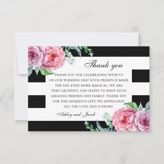 Carte De Remerciements Fleurs roses Boho. Mariage à fleurs noir et blanc (Devant)