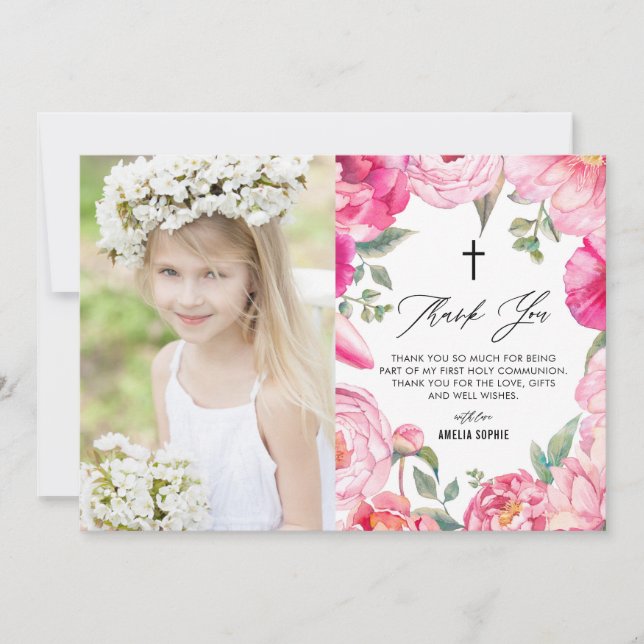 Carte De Remerciements Fleurs roses Cadre Floral Première Communion Saint (Devant)