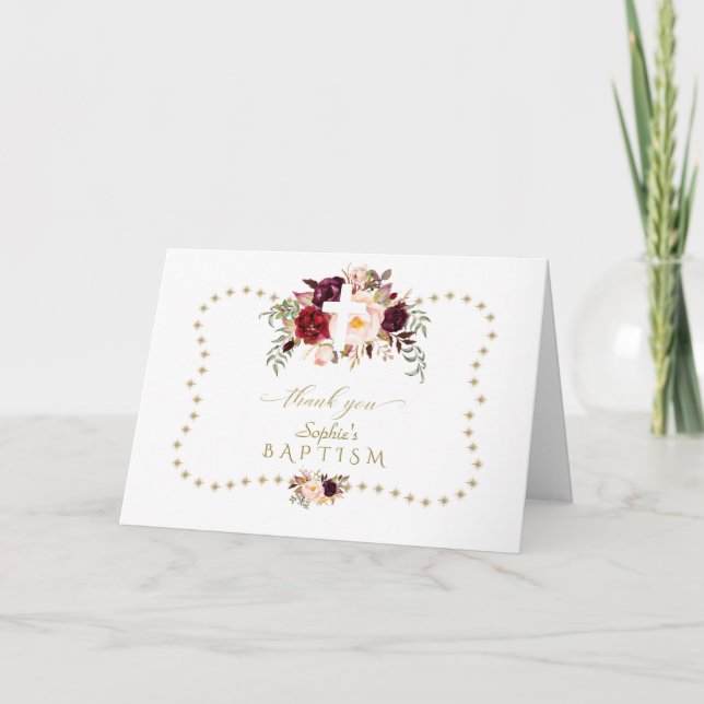 Carte De Remerciements Fleurs roses de Bourgogne Parties scintillant d'or (Devant)