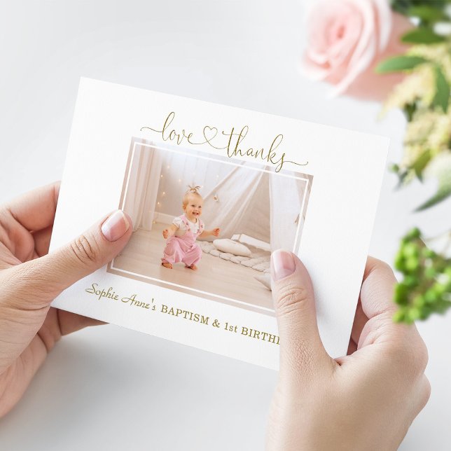 Carte De Remerciements Fleurs Roses Dusty Girl Photo 1er Anniversaire Bap (Créateur téléchargé)