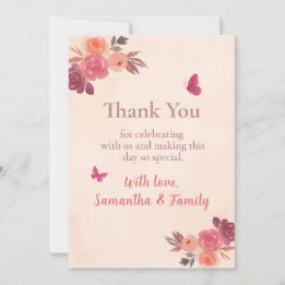 Carte De Remerciements Fleurs roses élégantes aquarelle 1er anniversaire