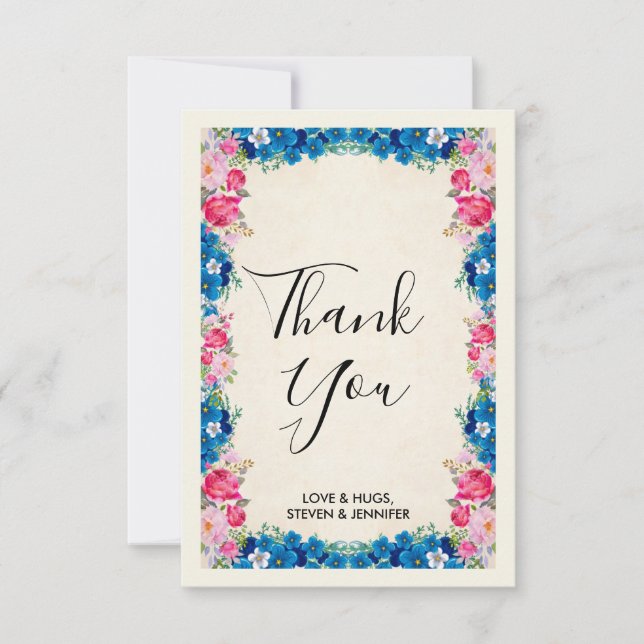 Carte De Remerciements Fleurs roses et bleues Mariage de cadre élégant (Devant)
