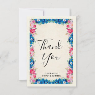 Carte De Remerciements Fleurs roses et bleues Mariage de cadre élégant