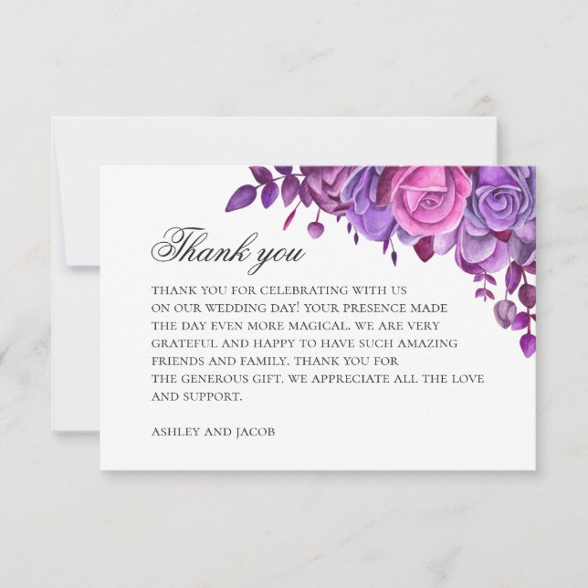Carte De Remerciements Fleurs roses et violettes. Mariage lilas aquarelle (Devant)