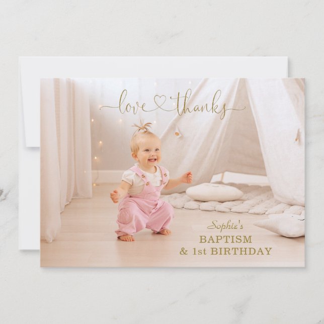 Carte De Remerciements Fleurs roses Gold Girl Photo 1er Anniversaire Bapt (Devant)