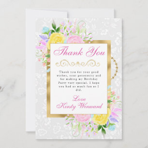 Carte De Remerciements Fleurs roses, jaunes et bleues Anniversaire en or