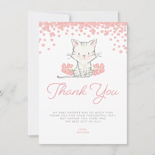 Carte De Remerciements Fleurs roses Kitten Baby shower fille (Devant)
