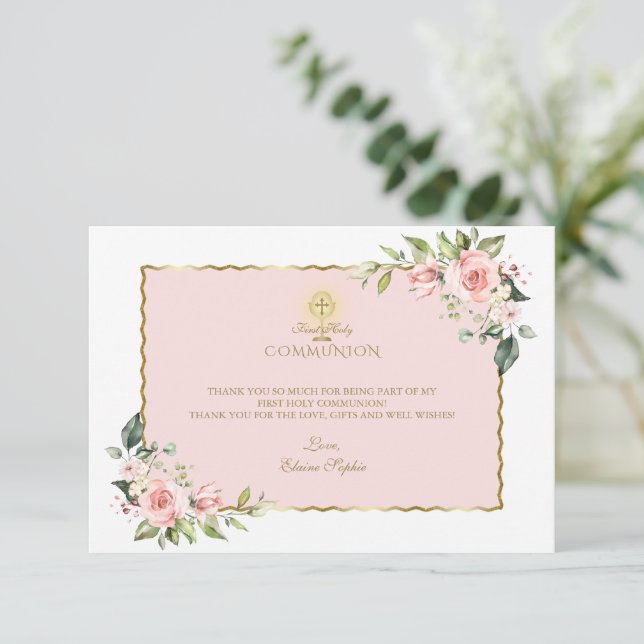 Carte De Remerciements Fleurs roses luxueuses Or Première Sainte Communio (Debout devant)