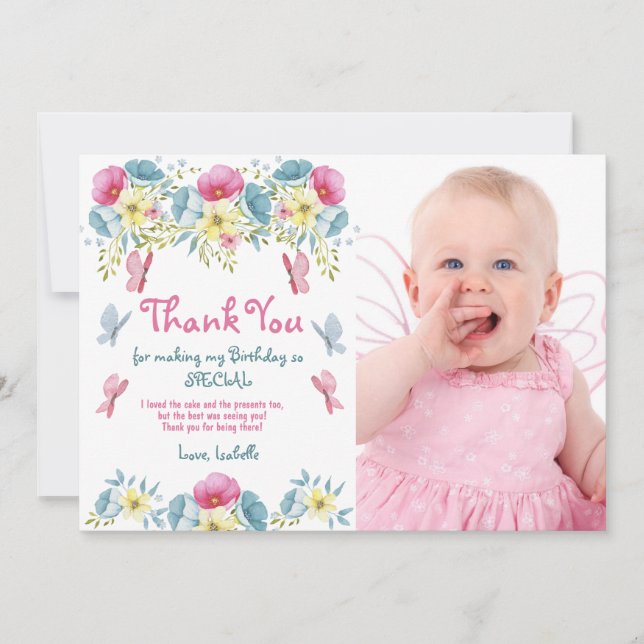 Carte De Remerciements Fleurs roses Papillons Photo Anniversaire (Devant)