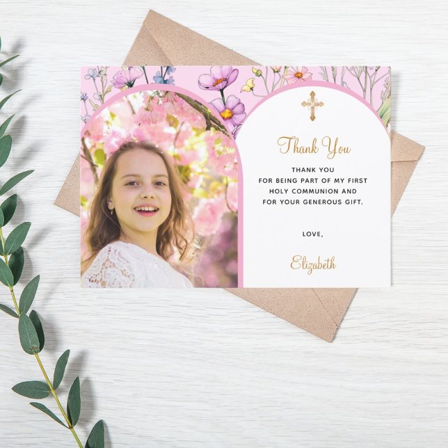 Carte De Remerciements Fleurs roses photo arche fille traverser Première  (Créateur téléchargé)