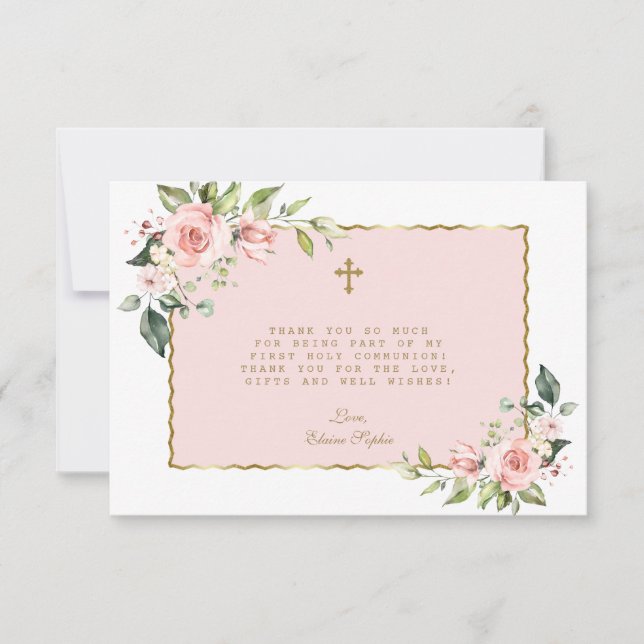 Carte De Remerciements Fleurs Roses Rouges Croix d'or Première Communion  (Devant)