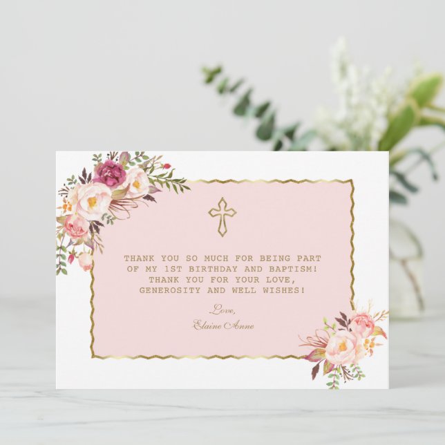 Carte De Remerciements Fleurs Roses Rouges Or 1er Anniversaire Baptême (Debout devant)