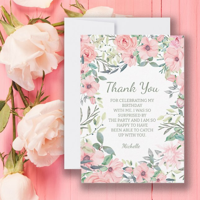 Carte De Remerciements Fleurs roses rousses Anniversaire (Pink floral birthday party "Thank you" card)
